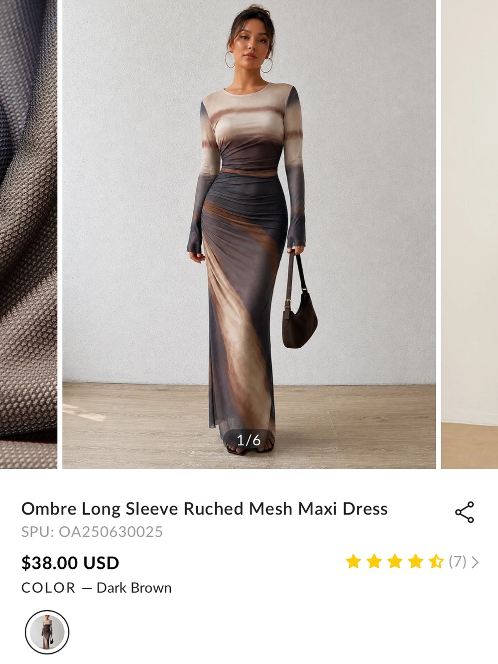 Commense Ombre Long Sleeve Ruched Mesh Maxi Dress - Dark Brown & Cream